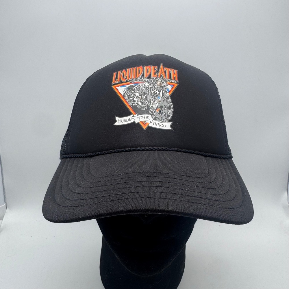 Liquid Death Murder Your Thirst Black Trucker Hat Skeletal Biker‎ Snapback Cap